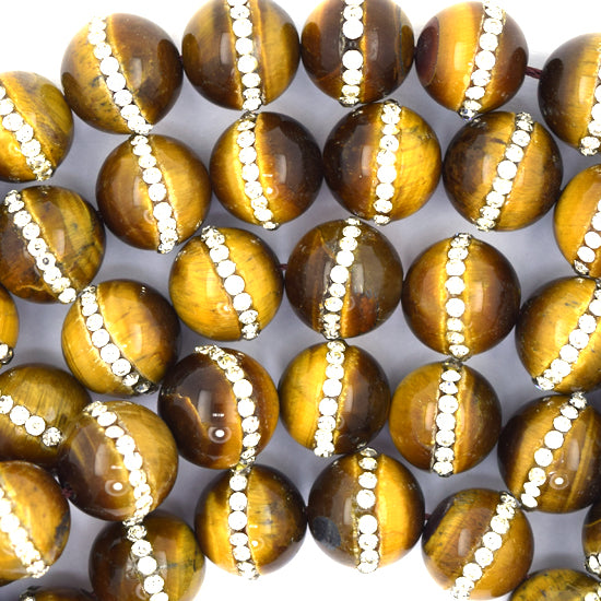 Tiger Eye Round Beads With Rhinestone inlaid 15" Strand 6mm 8mm 10mm 12mm - Eagle Beadz