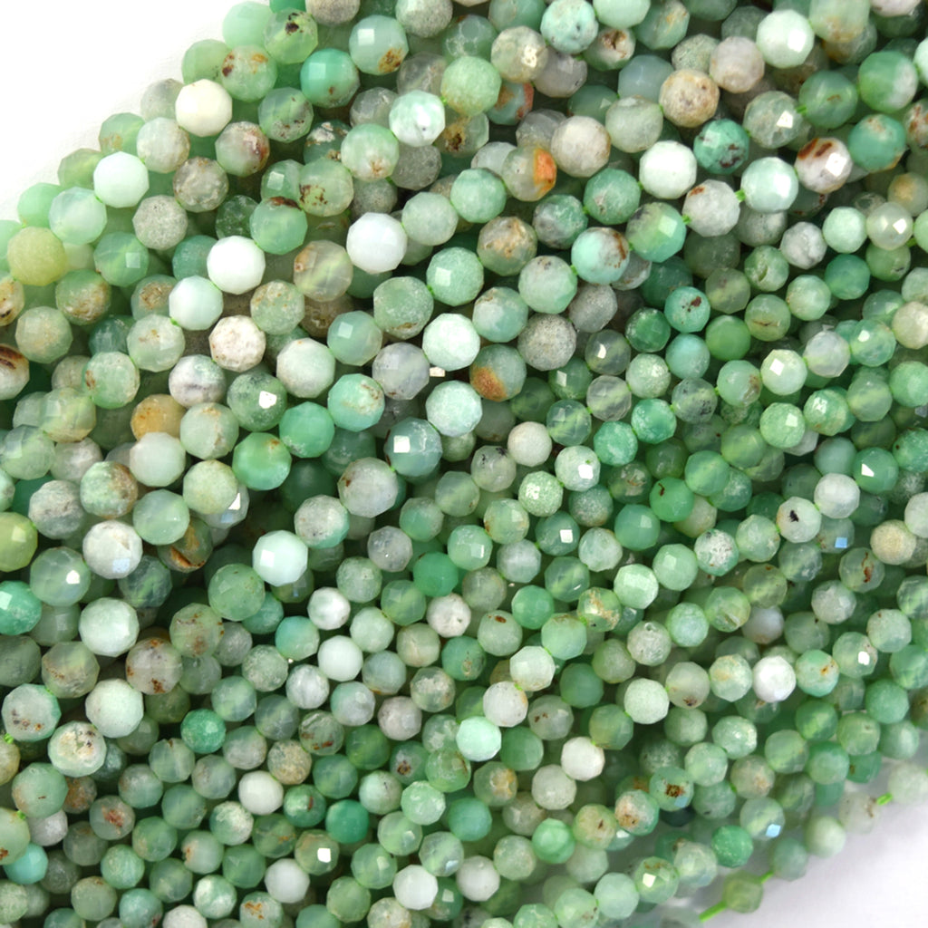 Natural Faceted Australian Green Chrysoprase Round Beads 15.5" Strand 3mm 4mm
