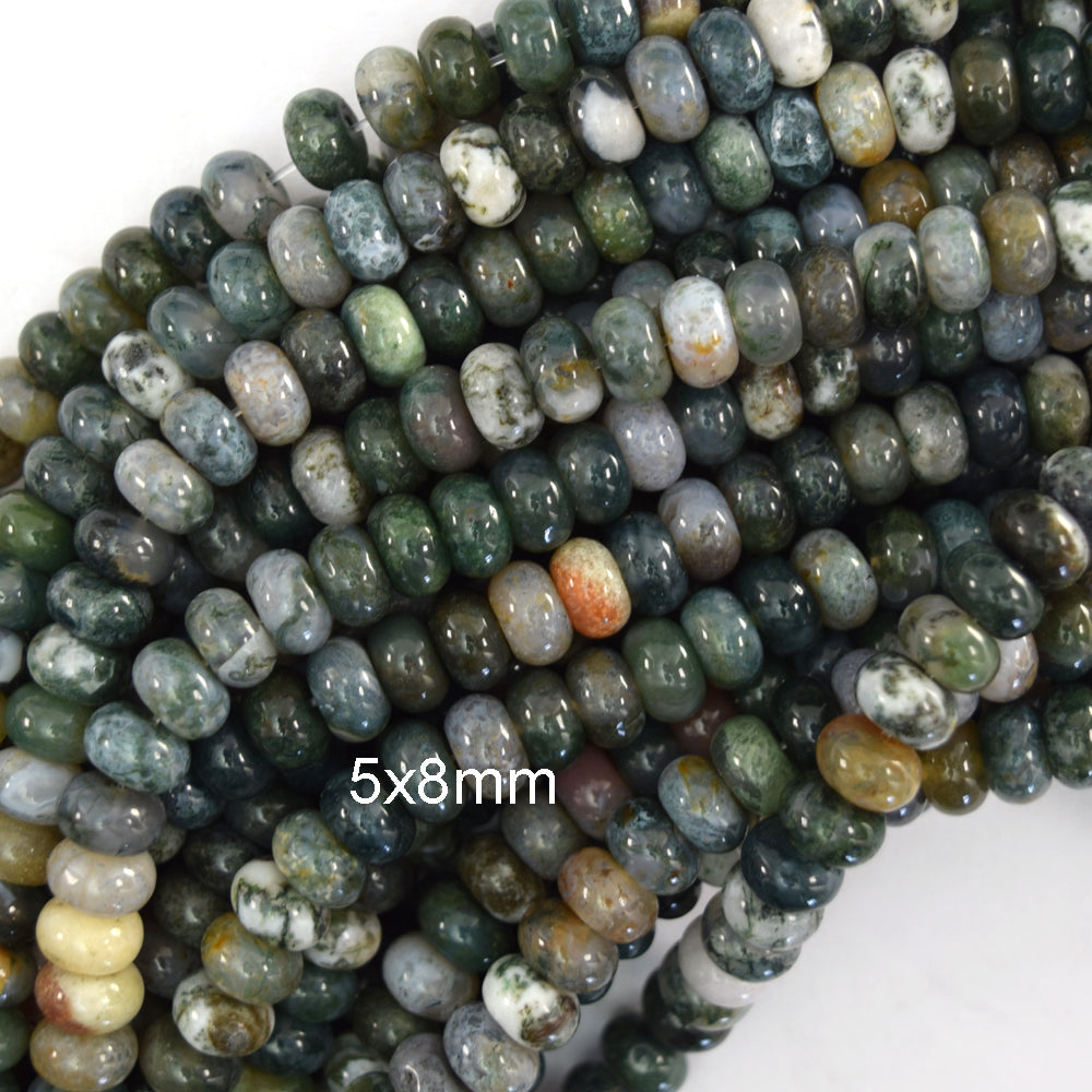Natural Green Moss Agate Rondelle Button Beads 15" Strand 2x4mm 4x6mm 5x8mm - Eagle Beadz