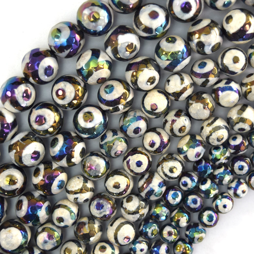 Mystic Titanium Faceted Black Tibetan DZI Agate Round Beads 15" 6mm 8mm 10mm Eye - Eagle Beadz