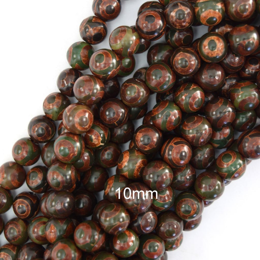 Matte Green Brown Tibetan DZI Agate Round Beads 15" 6mm 8mm 10mm Evil Eye - Eagle Beadz
