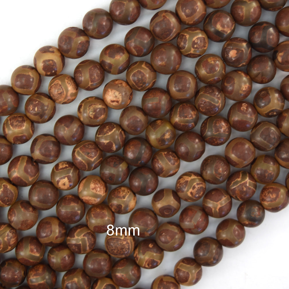 Matte Brown Tibetan DZI Agate Round Beads 14" Strand 6mm 8mm 10mm 12mm Football