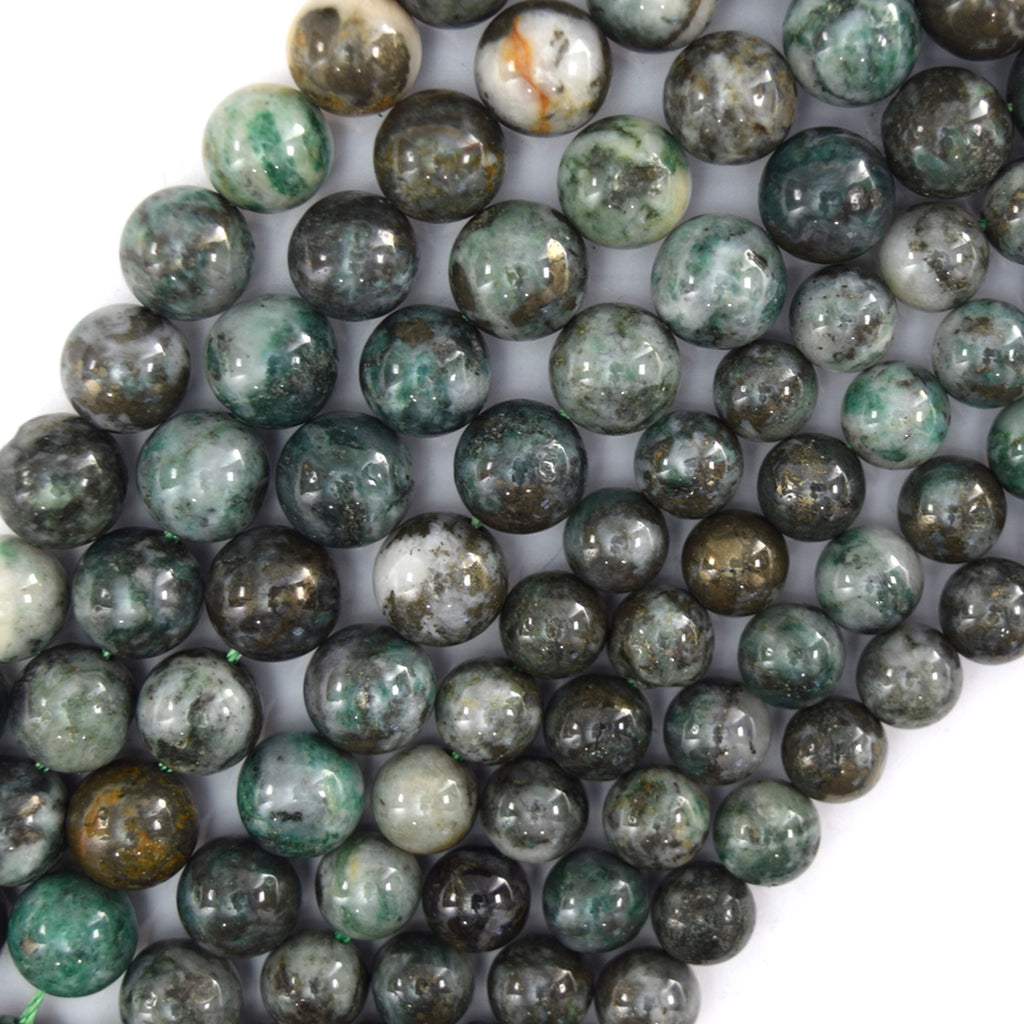 Rare Natural Pyrite In Blue Green Jade Round Beads 15" Strand 6mm 8mm 10mm - Eagle Beadz