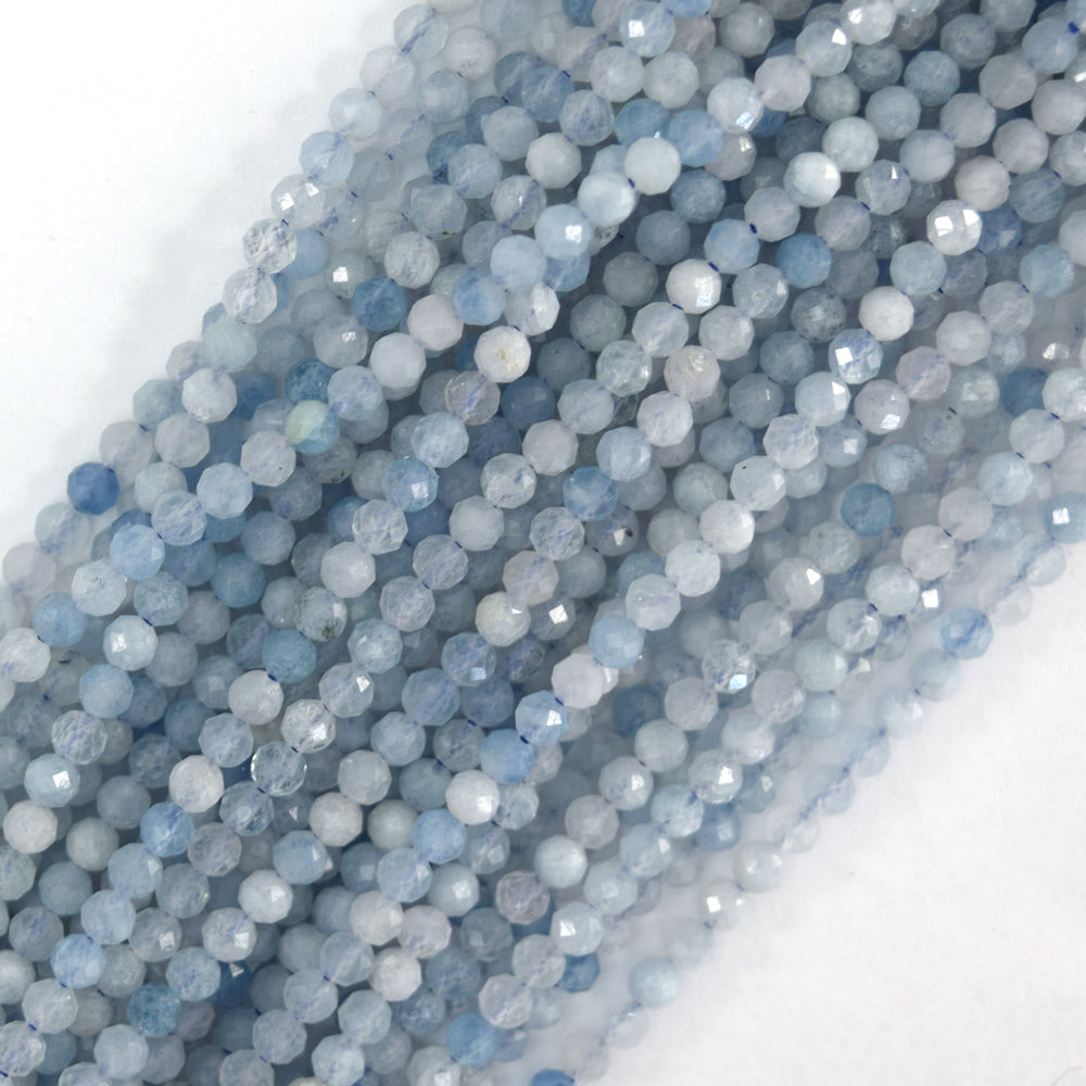 Natural Faceted Blue Aquamarine Round Beads 15.5" Strand 3mm 4mm