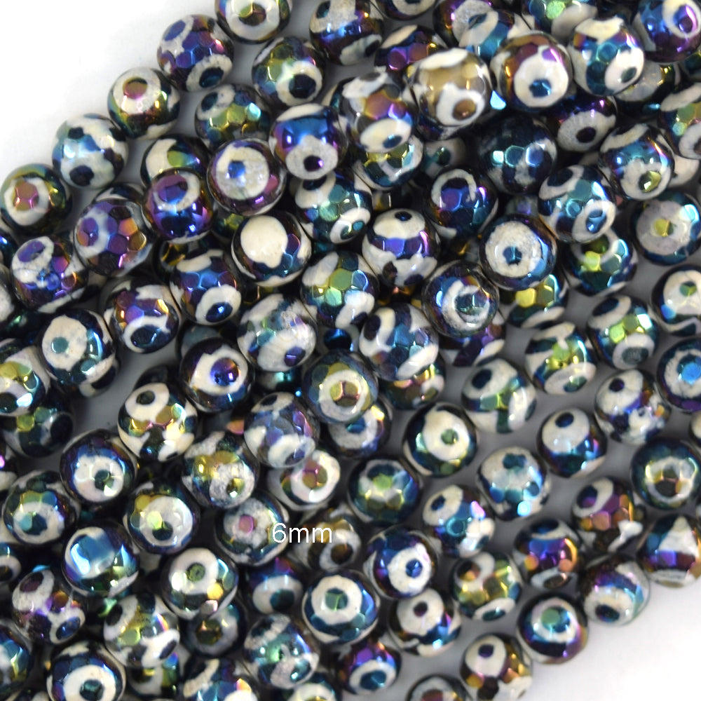 Mystic Titanium Faceted Black Tibetan DZI Agate Round Beads 15" 6mm 8mm 10mm Eye - Eagle Beadz