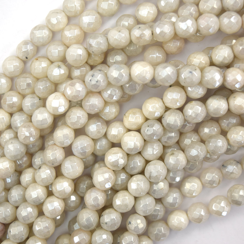 Mystic Titanium Faceted Cream White Moonstone Round Beads 14.5" Strand 6mm 8mm - Eagle Beadz