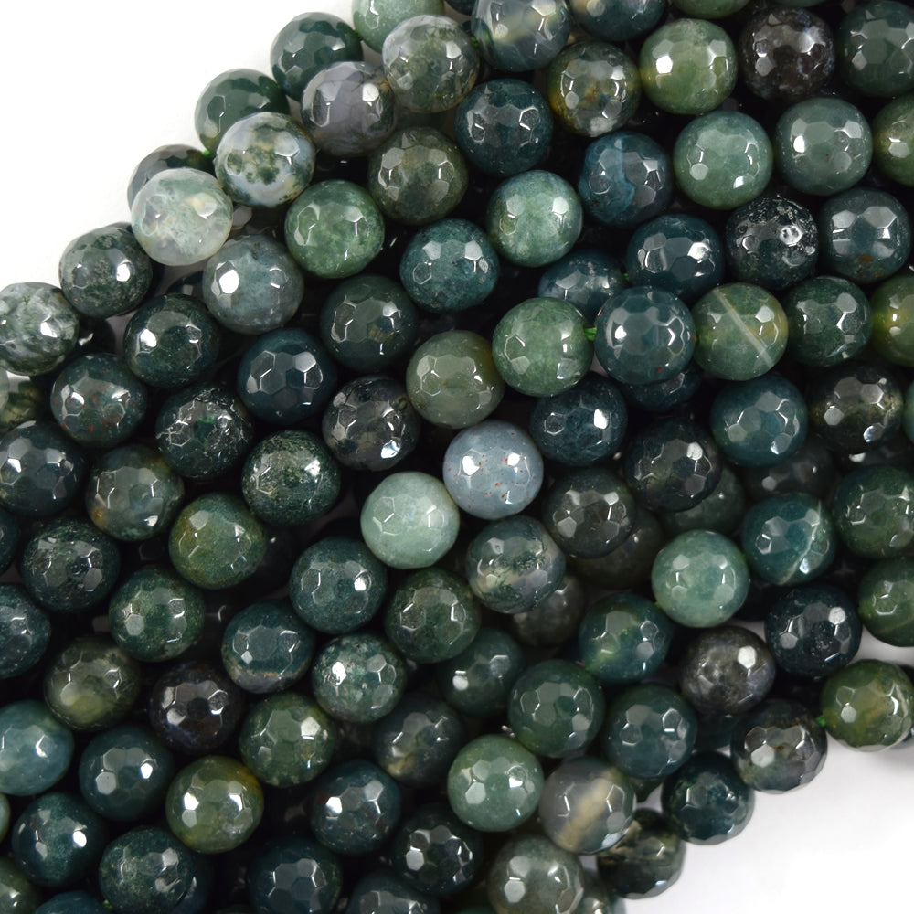 Natural Faceted Green Moss Agate Round Beads Gemstone 14.5" Strand 6mm 8mm 10mm - Eagle Beadz