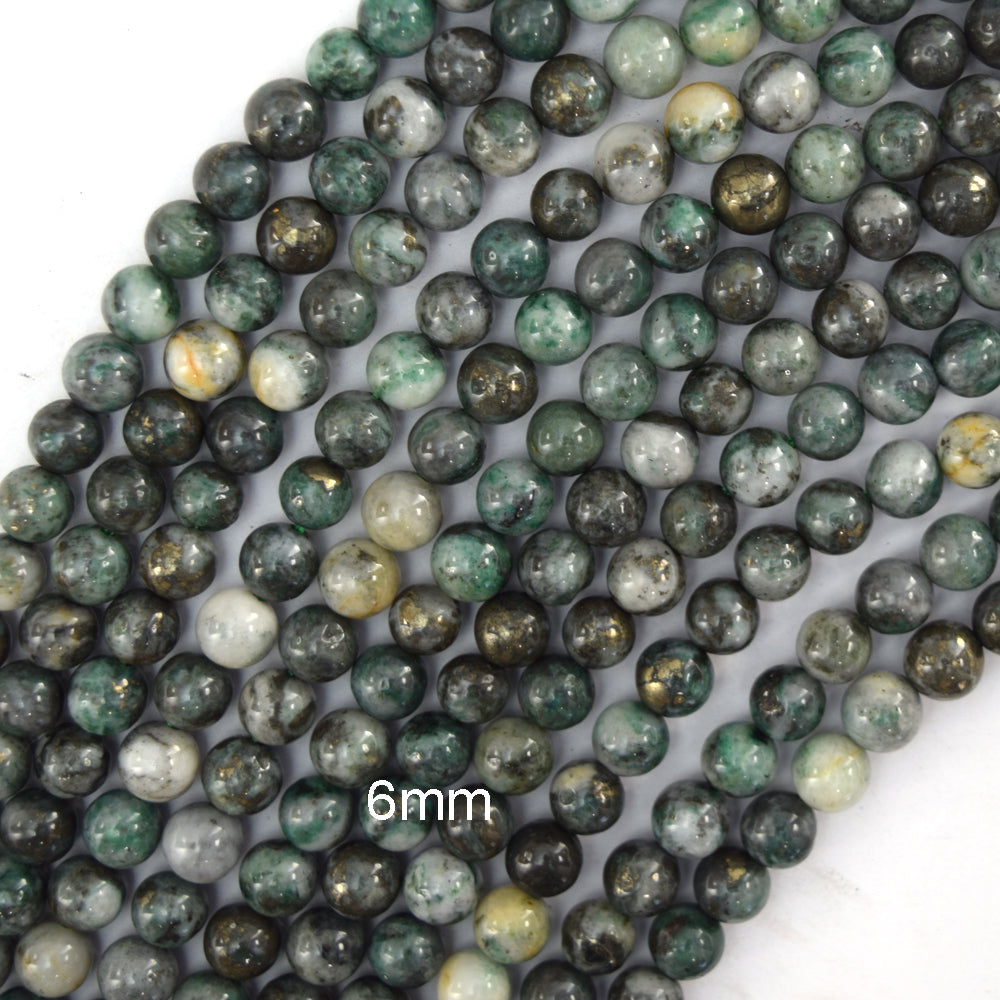 Rare Natural Pyrite In Blue Green Jade Round Beads 15" Strand 6mm 8mm 10mm - Eagle Beadz