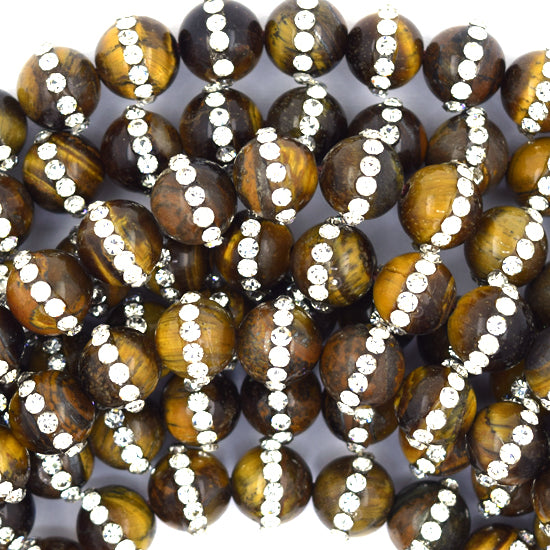 Tiger Eye Round Beads With Rhinestone inlaid 15" Strand 6mm 8mm 10mm 12mm - Eagle Beadz