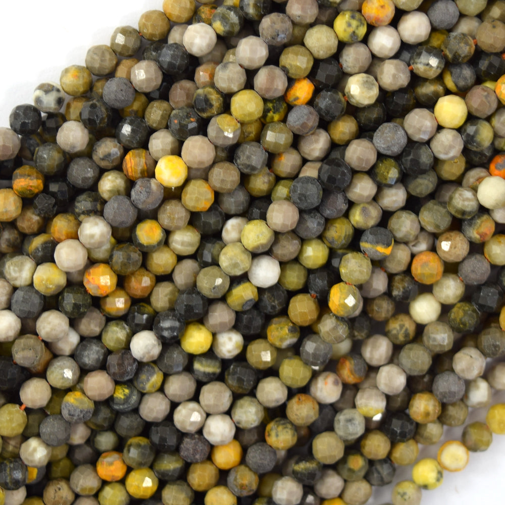 Natural Faceted Black Yellow Jasper Round Beads 15.5" Strand 3mm 4mm