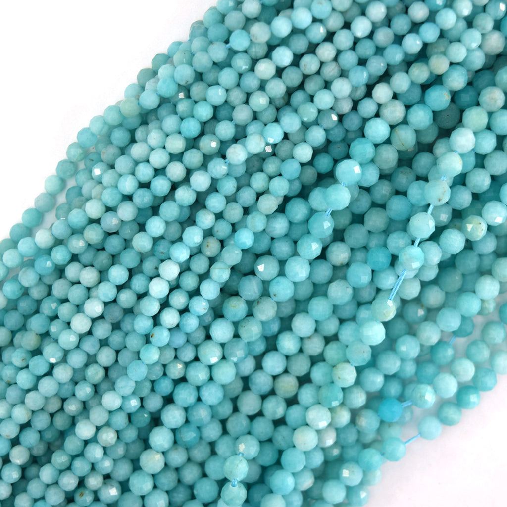 Natural Faceted African Green Amazonite Round Beads 15.5" Strand 3mm 4mm - Eagle Beadz