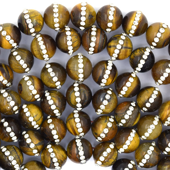 Tiger Eye Round Beads With Rhinestone inlaid 15" Strand 6mm 8mm 10mm 12mm - Eagle Beadz