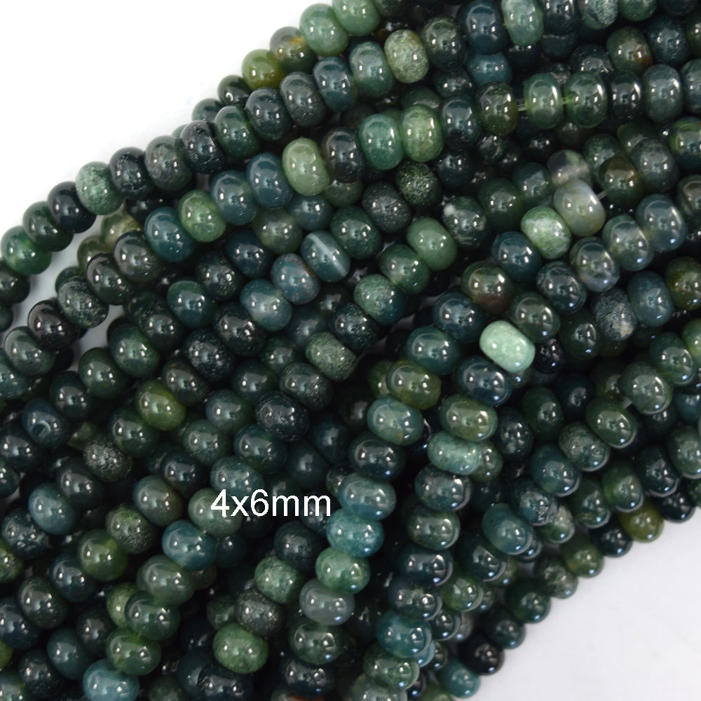 Natural Green Moss Agate Rondelle Button Beads 15" Strand 2x4mm 4x6mm 5x8mm - Eagle Beadz
