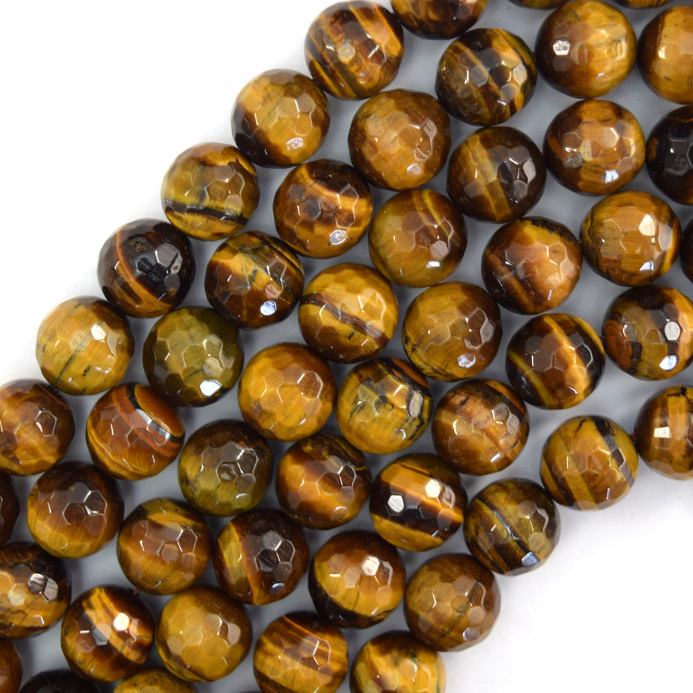 Natural Faceted Tiger Eye Round Beads Gemstone 14.5"Strand 4mm 6mm 8mm 10mm 12mm - Eagle Beadz