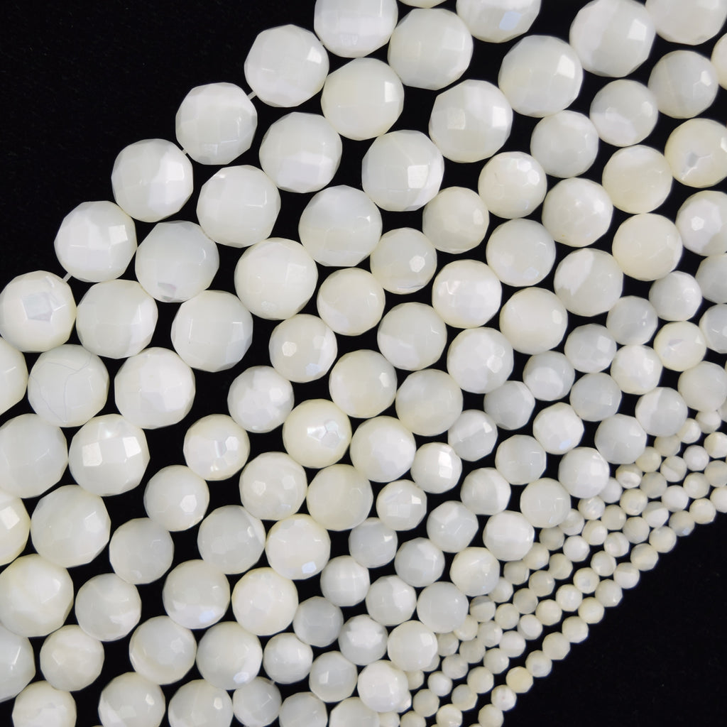 Faceted White Mother Of Pearl MOP Round Beads 15.5" Strand 3mm 4mm 6mm 8mm 10mm - Eagle Beadz