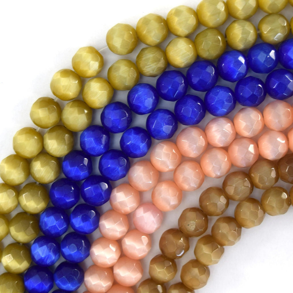 8mm Faceted Cats Eye Round Beads Gemstone 14" Strand Pink Blue Brown Olive