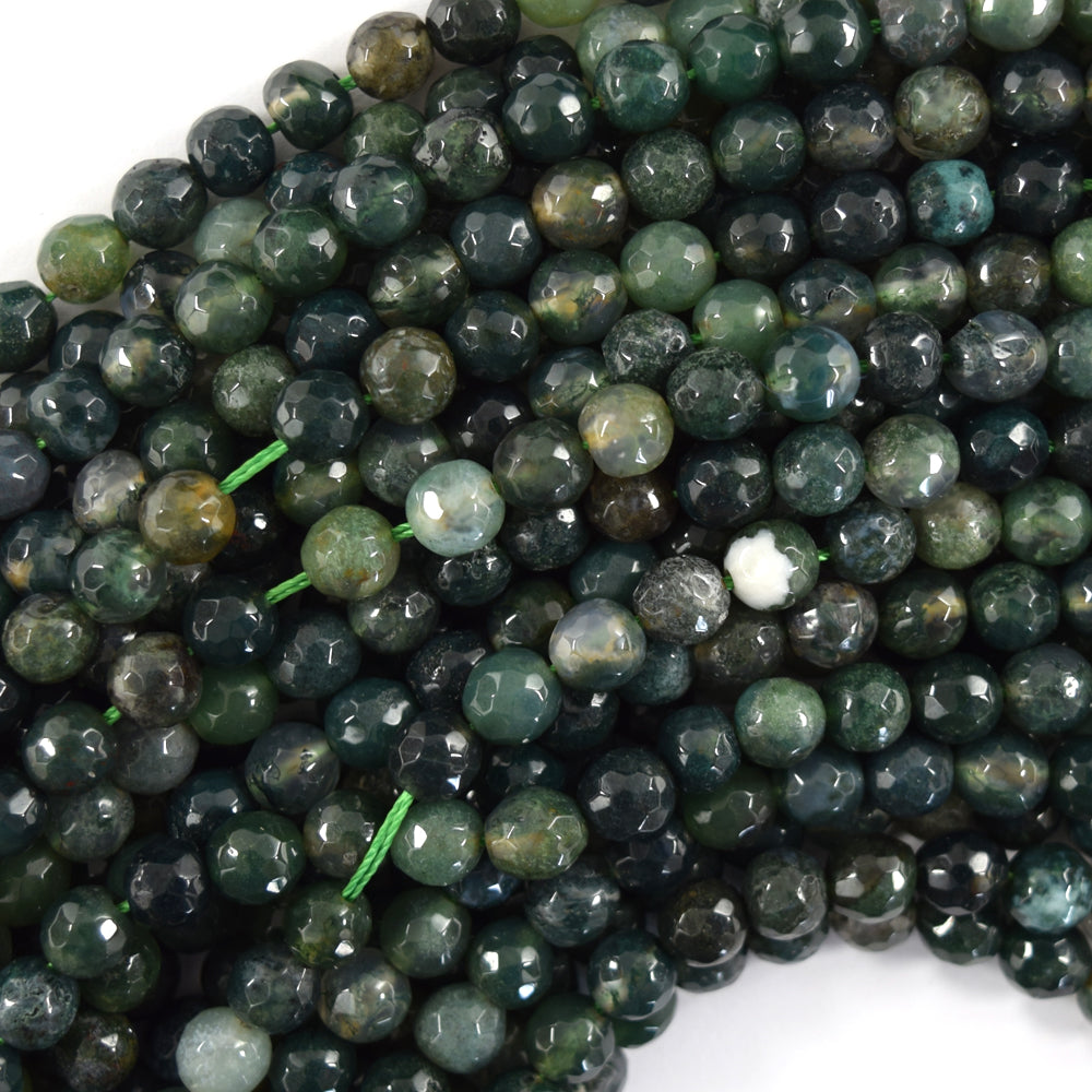 Natural Faceted Green Moss Agate Round Beads Gemstone 14.5" Strand 6mm 8mm 10mm - Eagle Beadz
