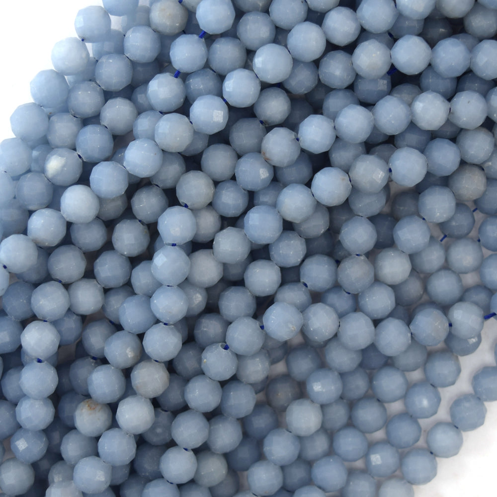 Natural Faceted Blue Angelite Round Beads Gemstone 15.5" Strand 3mm 4mm - Eagle Beadz