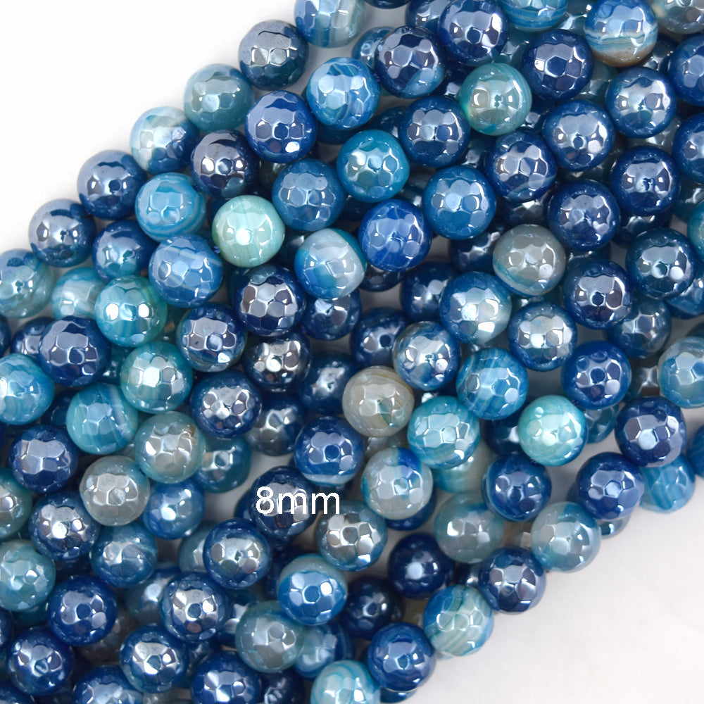 Mystic Titanium Faceted Blue Stripe Agate Round Beads 15" Strand 6mm 8mm 10mm S2 - Eagle Beadz