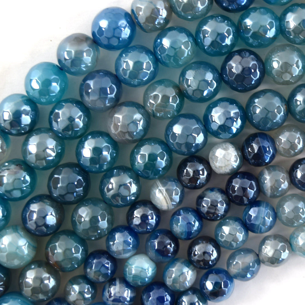 Mystic Titanium Faceted Blue Stripe Agate Round Beads 15" Strand 6mm 8mm 10mm S2 - Eagle Beadz
