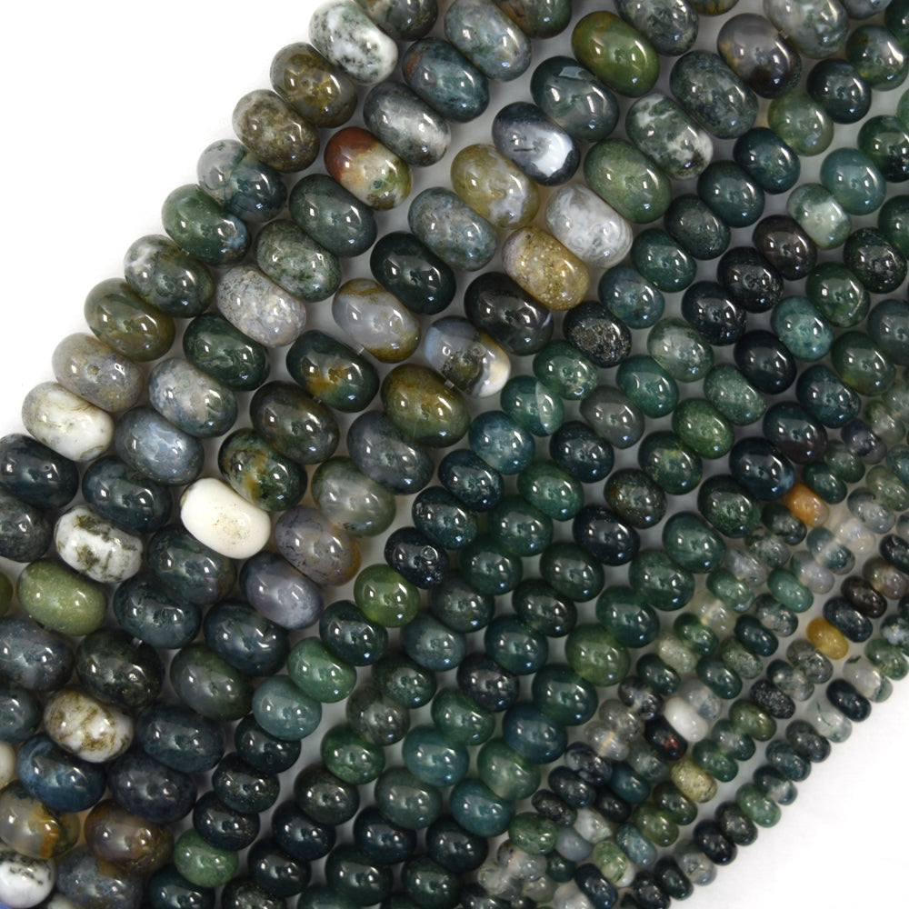 Natural Green Moss Agate Rondelle Button Beads 15" Strand 2x4mm 4x6mm 5x8mm - Eagle Beadz