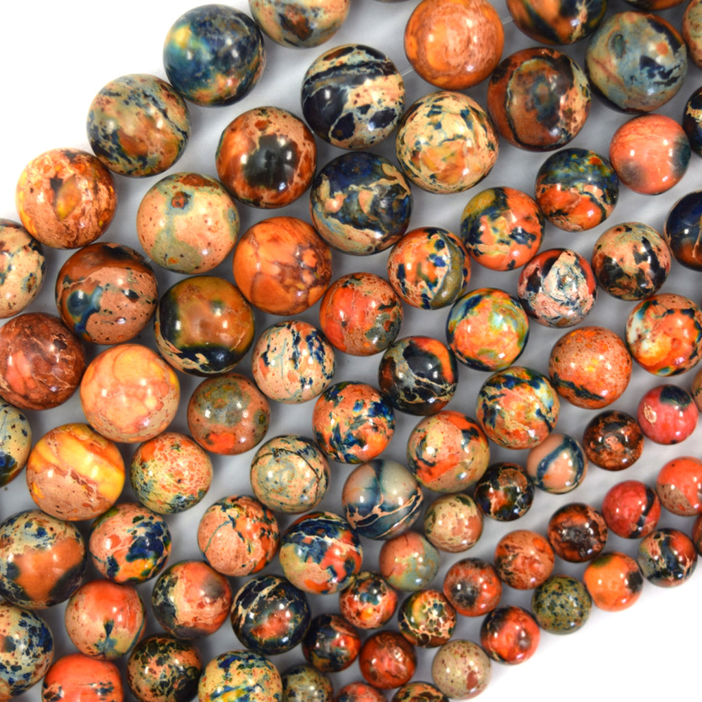 Galaxy Blue Orange Sea Sediment Imperial Jasper Round Beads 15" 6mm 8mm 10mm - Eagle Beadz