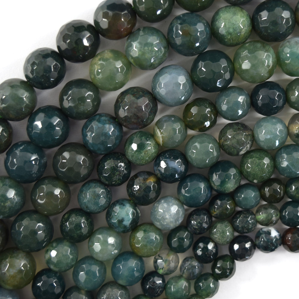 Natural Faceted Green Moss Agate Round Beads Gemstone 14.5" Strand 6mm 8mm 10mm - Eagle Beadz