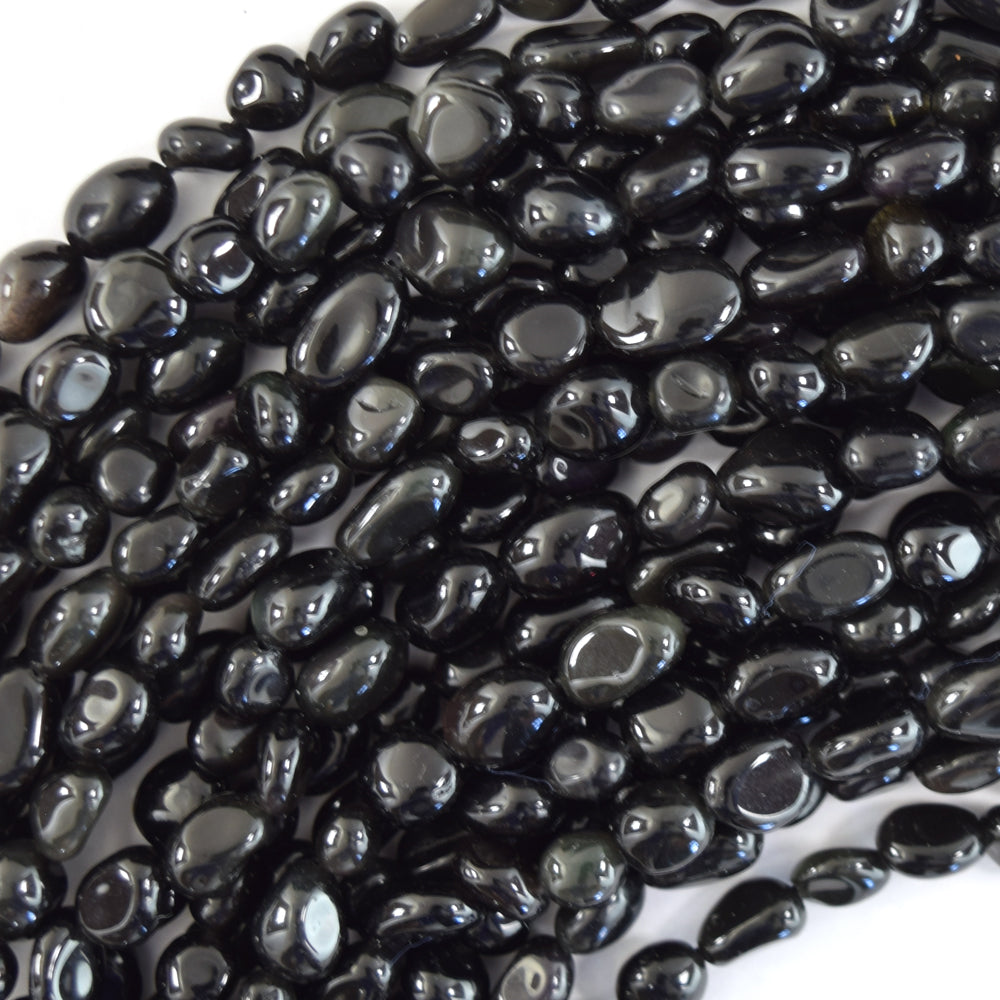 Natural Rainbow Black Obsidian Pebble Nugget 15.5" Strand 6mm - 8mm, 8mm - 10mm - Eagle Beadz