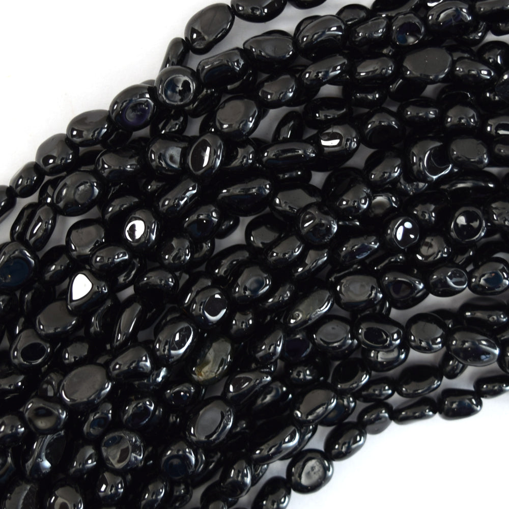 Natural Black Tourmaline Pebble Nugget Beads 15.5" Strand 6mm - 8mm, 8mm - 10mm
