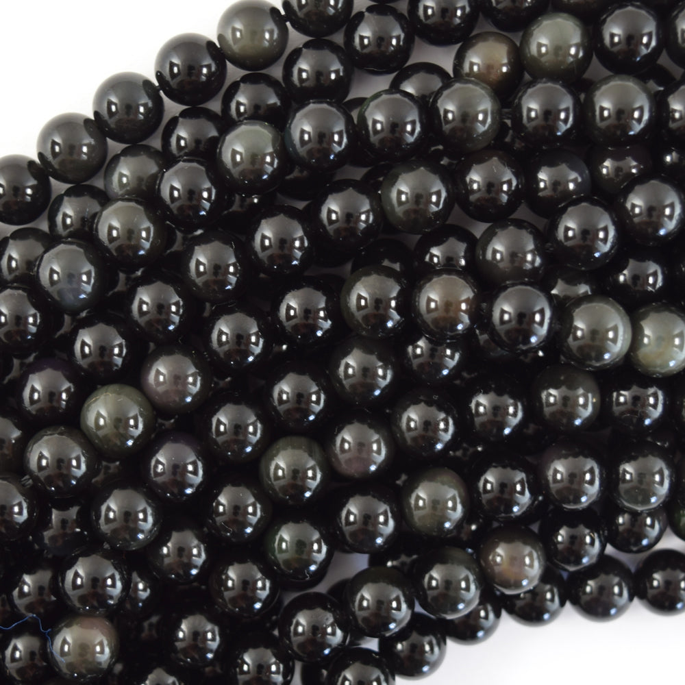 Natural Rainbow Black Obsidian Round Beads 15" Strand 3mm 4mm 6mm 8mm 10mm 12mm - Eagle Beadz