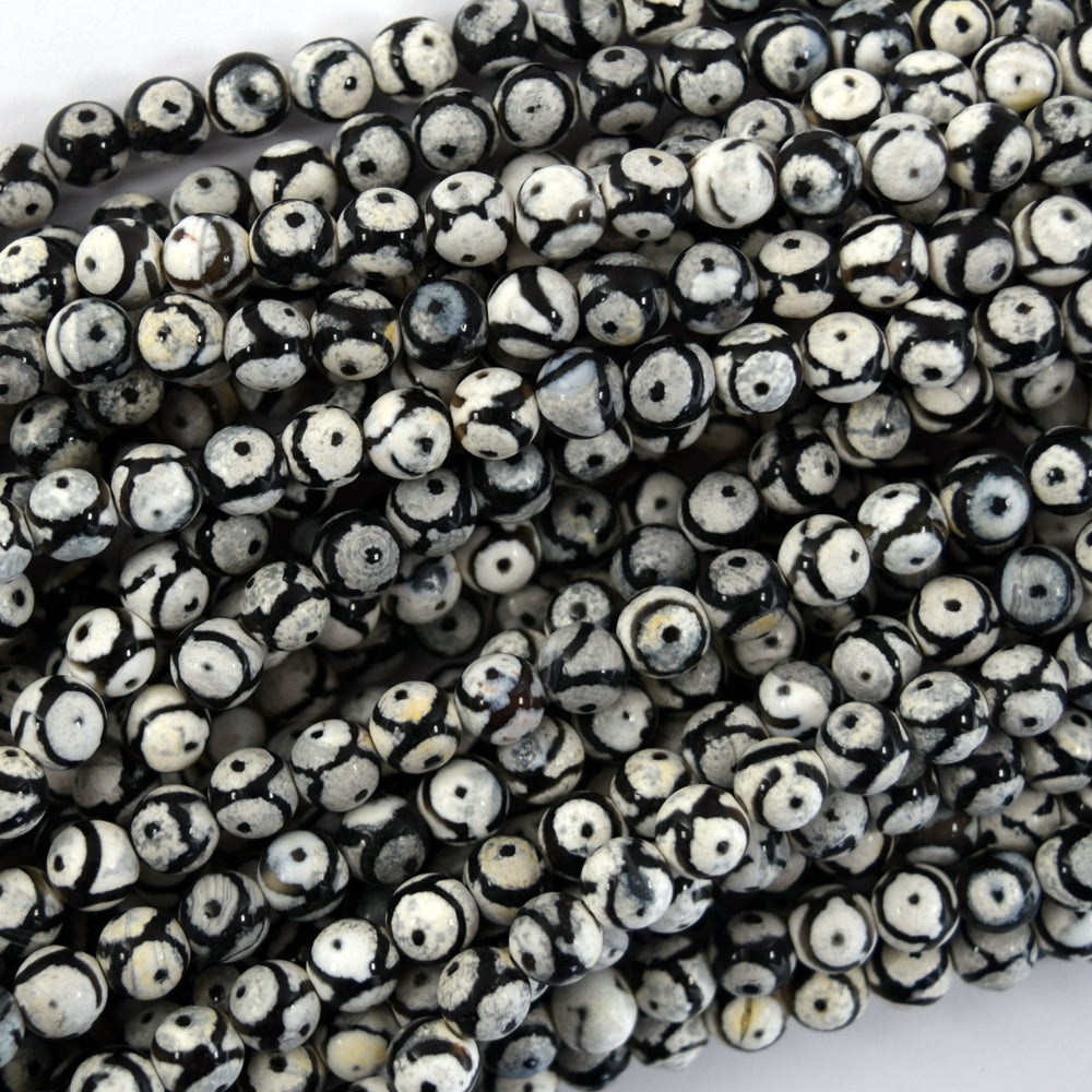 Black White Tibetan DZI Agate Round Beads 15" Strand 6mm 8mm 10mm Evil Eye - Eagle Beadz