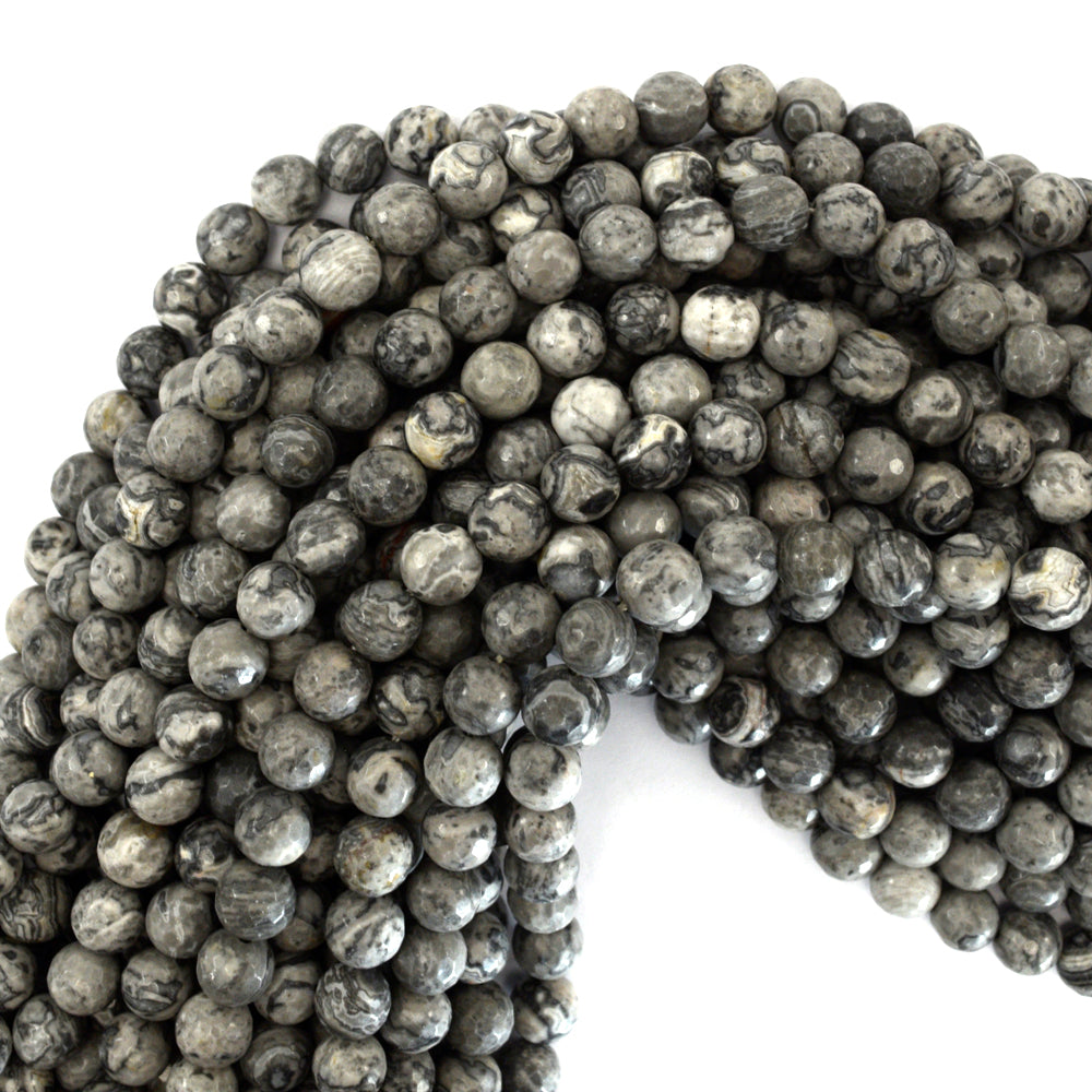 Natural Faceted Gray Map Jasper Round Beads Gemstone 15" Strand 4mm 6mm 8mm 10mm - Eagle Beadz