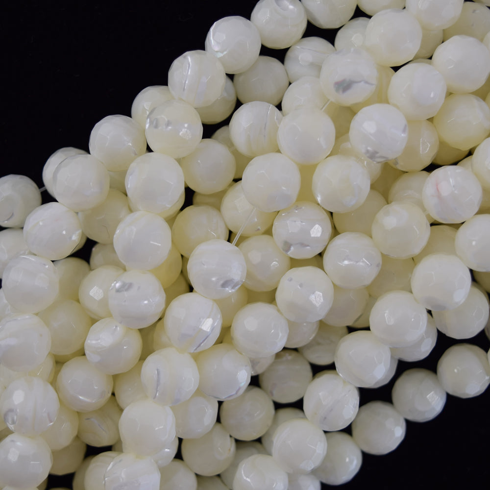 Faceted White Mother Of Pearl MOP Round Beads 15.5" Strand 3mm 4mm 6mm 8mm 10mm - Eagle Beadz