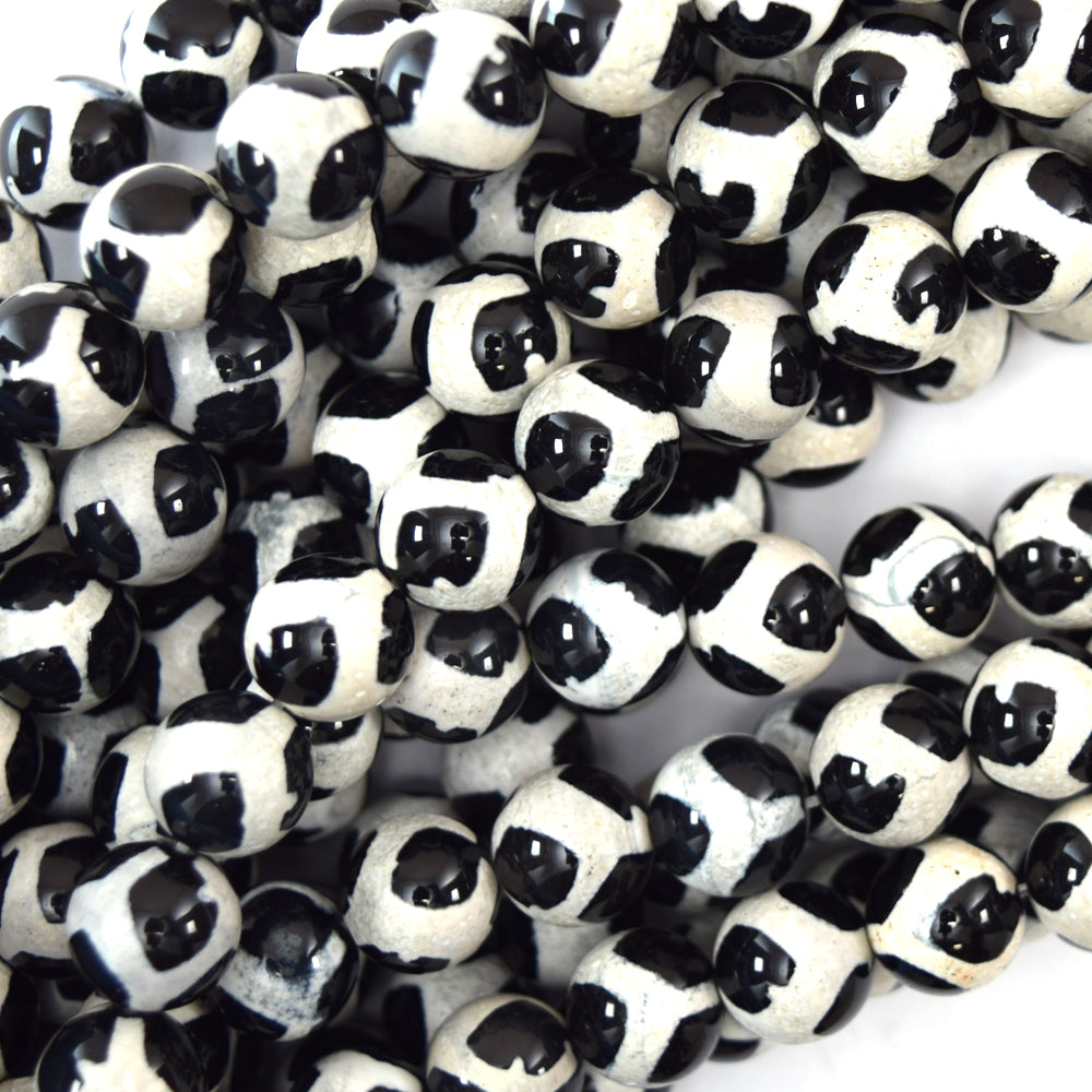 Black White Tibetan DZI Agate Round Beads 15" Strand 6mm 8mm 10mm 12mm Football - Eagle Beadz