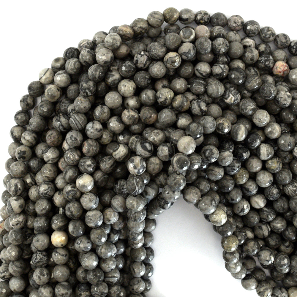 Natural Faceted Gray Map Jasper Round Beads Gemstone 15" Strand 4mm 6mm 8mm 10mm - Eagle Beadz