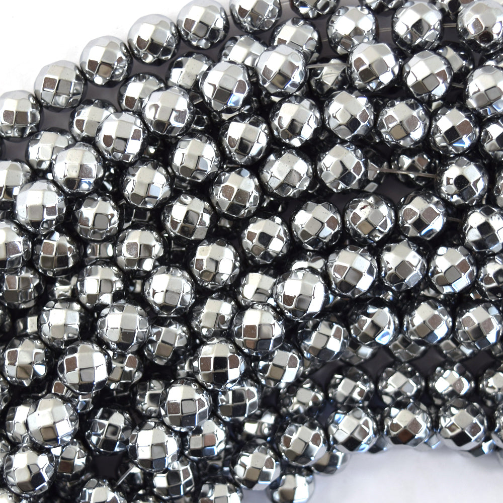 Faceted Silver Hematite Round Beads Gemstone 15.5" Strand 4mm 6mm 8mm - Eagle Beadz