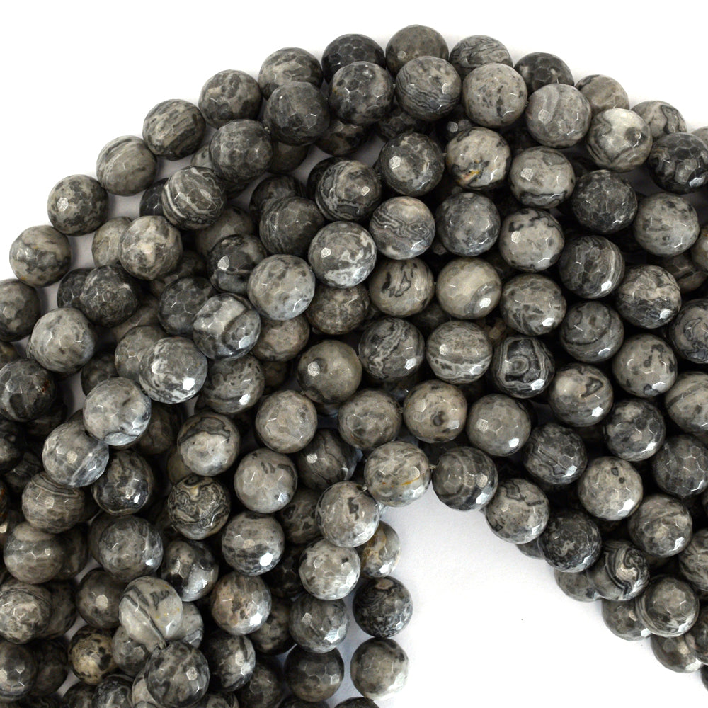 Natural Faceted Gray Map Jasper Round Beads Gemstone 15" Strand 4mm 6mm 8mm 10mm - Eagle Beadz