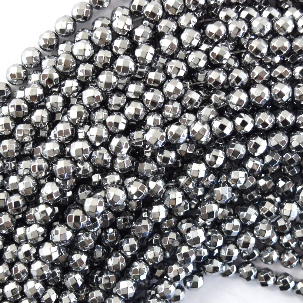Faceted Silver Hematite Round Beads Gemstone 15.5" Strand 4mm 6mm 8mm - Eagle Beadz