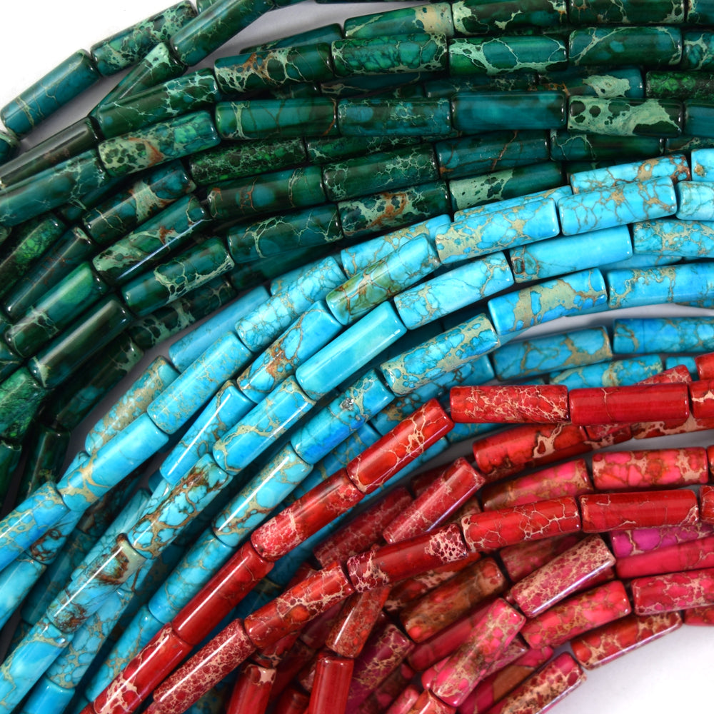 13mm Sea Sediment Jasper Tube Beads Gemstone 15.5" Strand Blue Magenta Green - Eagle Beadz