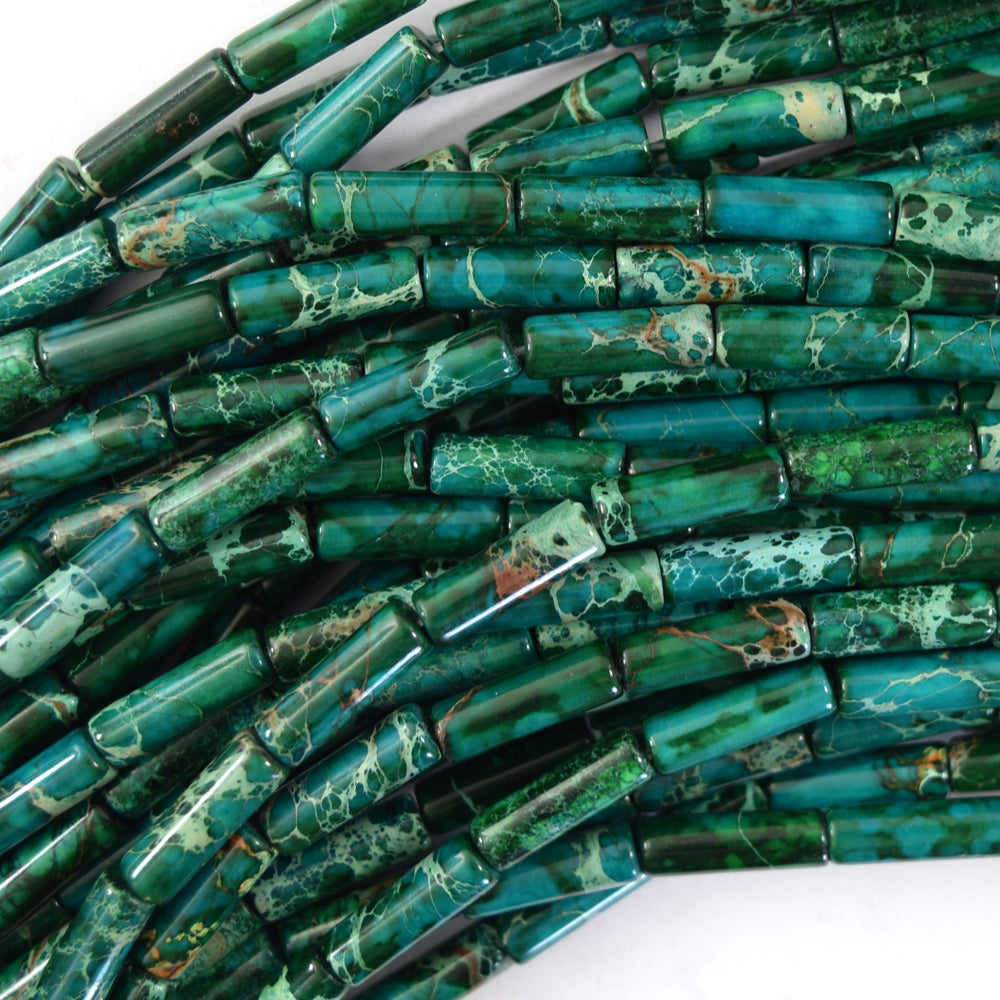 13mm Sea Sediment Jasper Tube Beads Gemstone 15.5" Strand Blue Magenta Green - Eagle Beadz
