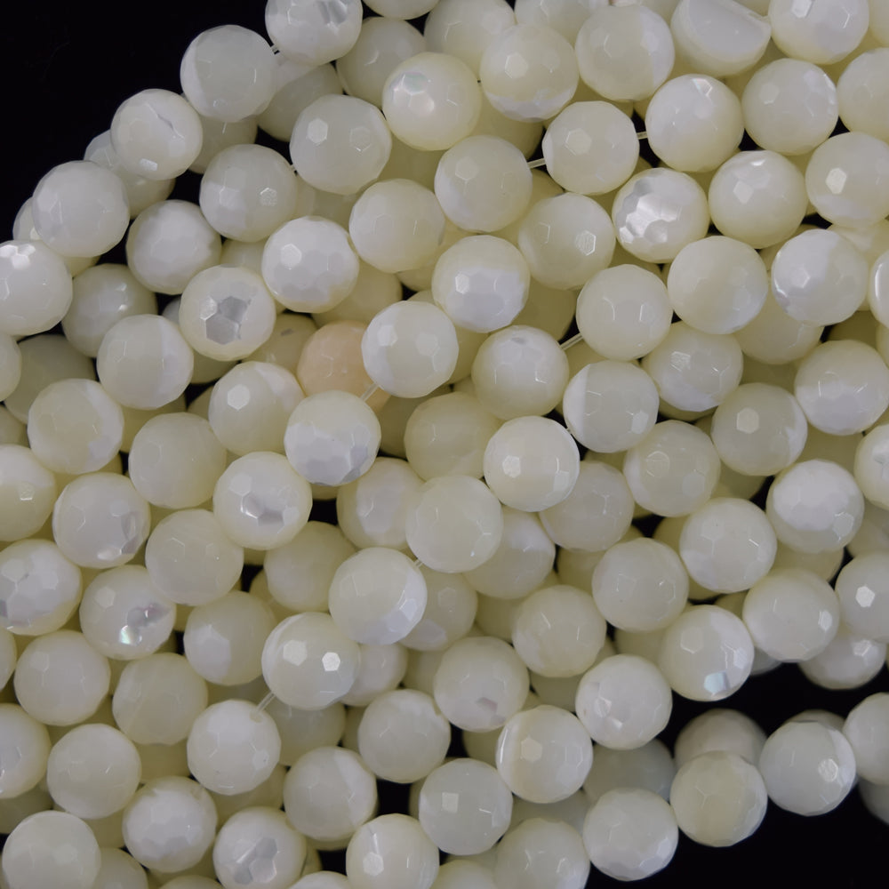 Faceted White Mother Of Pearl MOP Round Beads 15.5" Strand 3mm 4mm 6mm 8mm 10mm - Eagle Beadz