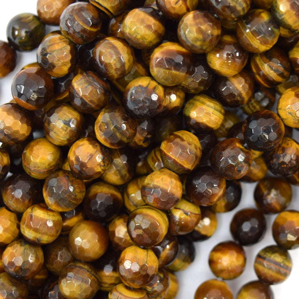 Natural Faceted Tiger Eye Round Beads Gemstone 14.5"Strand 4mm 6mm 8mm 10mm 12mm - Eagle Beadz