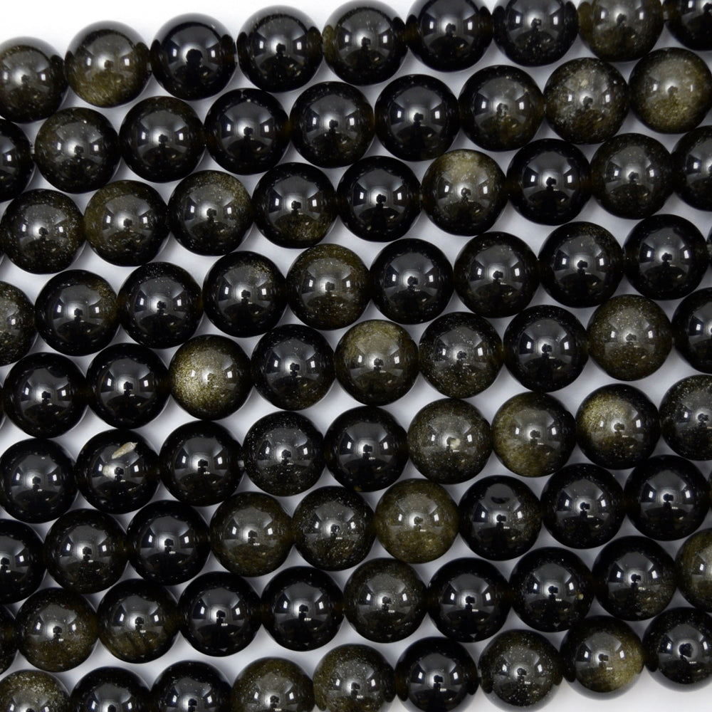 Natural Black Gold Obsidian Round Beads 15.5" Strand 4mm 6mm 8mm 10mm 12mm - Eagle Beadz
