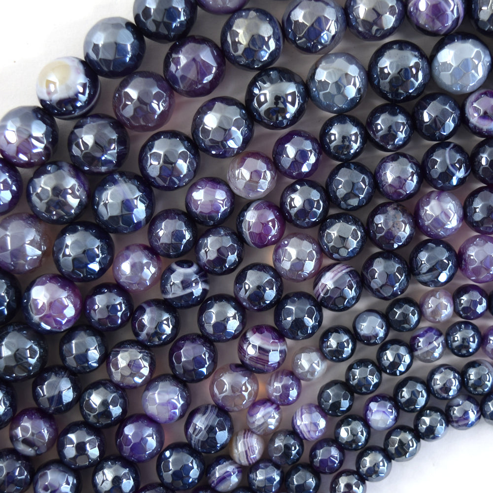 Mystic Titanium Faceted Purple Stripe Agate Round Beads 15" Strand 6mm 8mm 10mm - Eagle Beadz