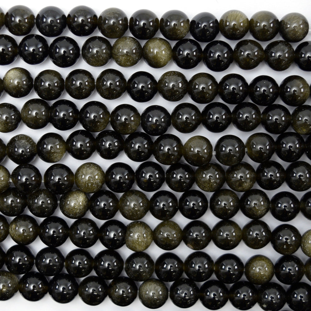 Natural Black Gold Obsidian Round Beads 15.5" Strand 4mm 6mm 8mm 10mm 12mm - Eagle Beadz