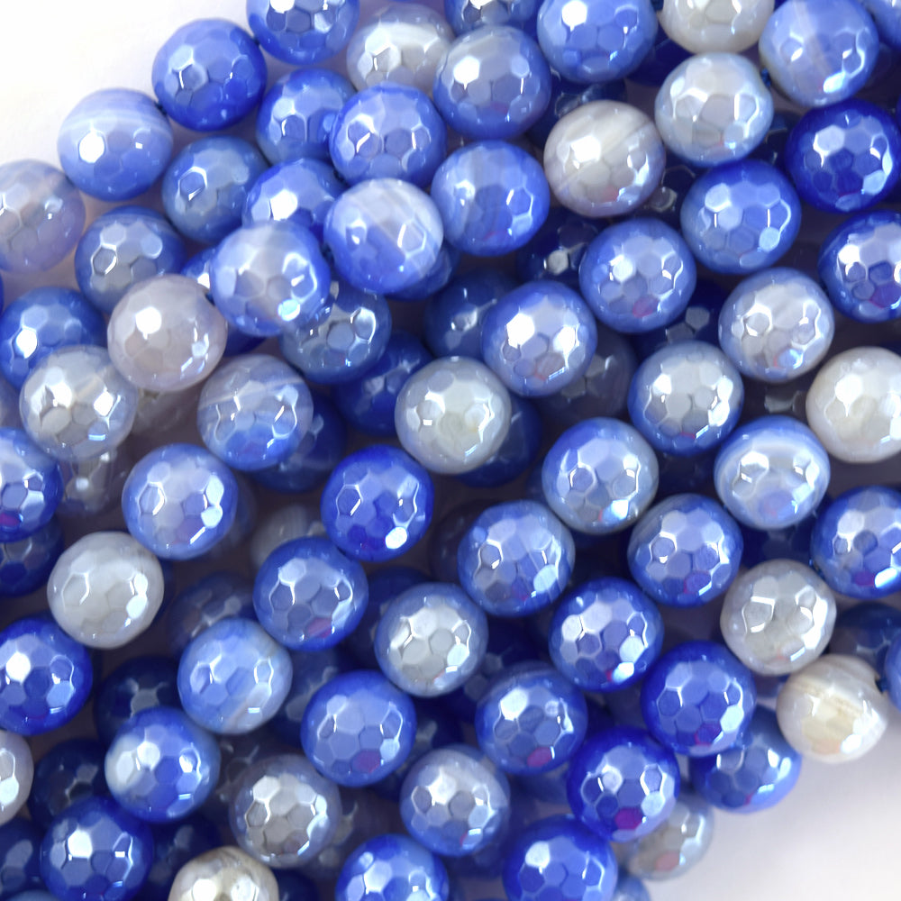 Mystic Titanium Faceted Blue Stripe Agate Round Beads 15" Strand 6mm 8mm 10mm S1 - Eagle Beadz