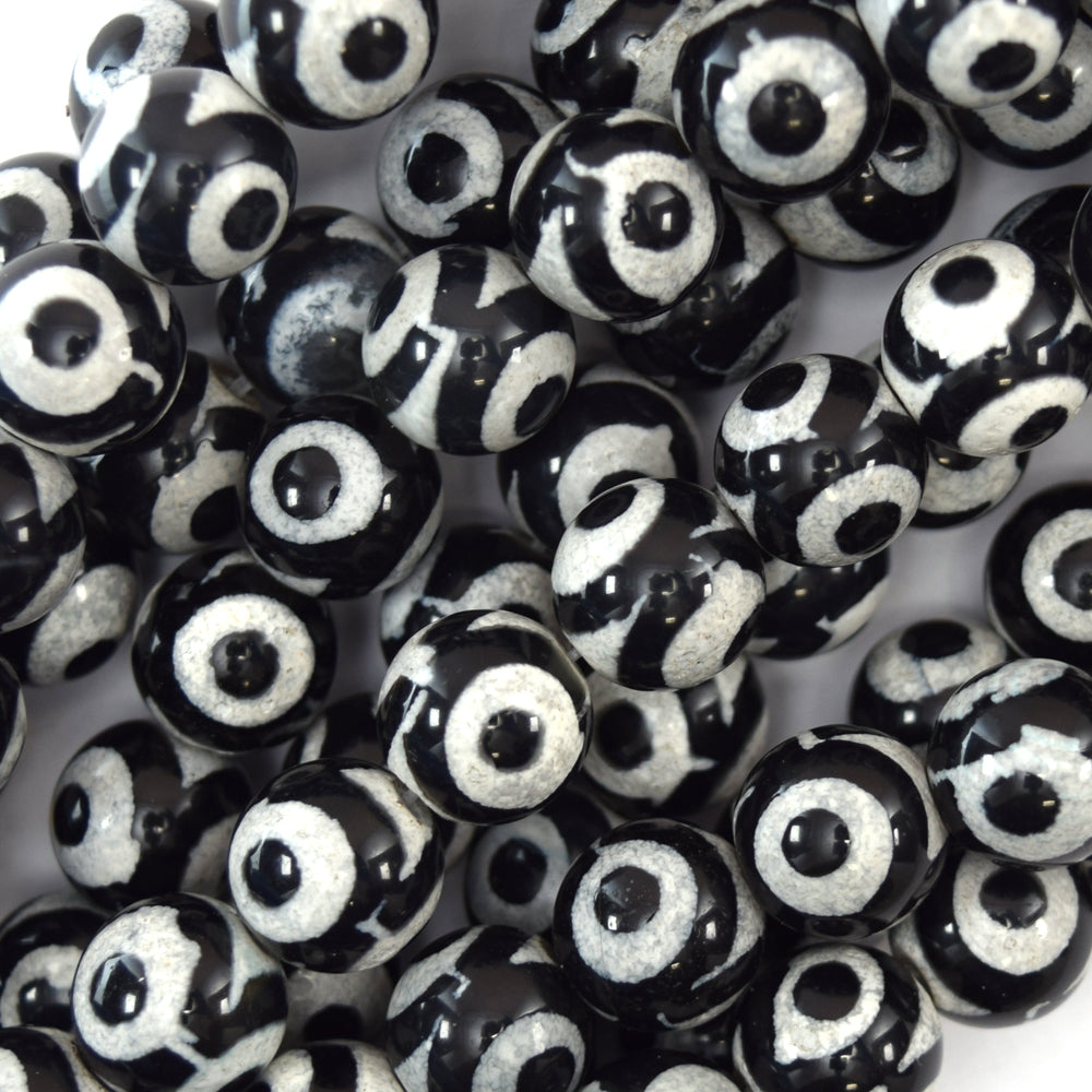 Black White Tibetan DZI Agate Round Beads 15" Strand 6mm 8mm 10mm Evil Eye - Eagle Beadz