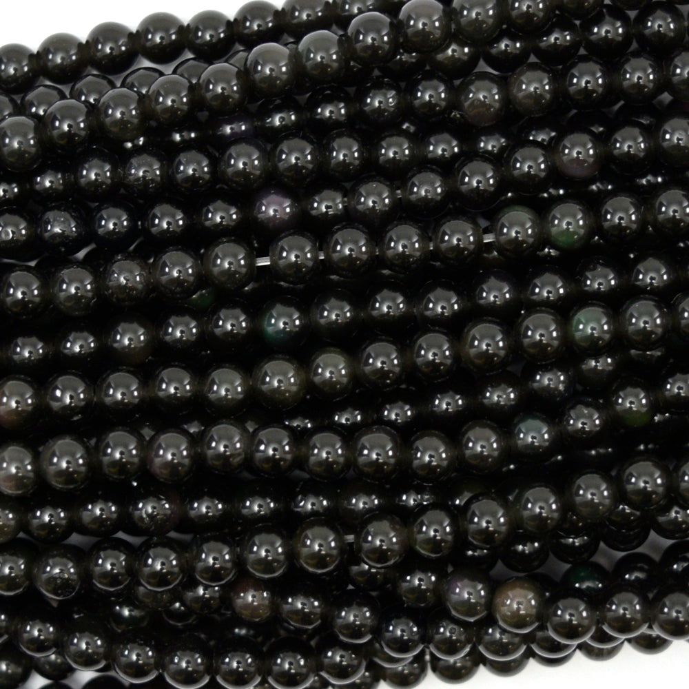 Natural Rainbow Black Obsidian Round Beads 15" Strand 3mm 4mm 6mm 8mm 10mm 12mm - Eagle Beadz