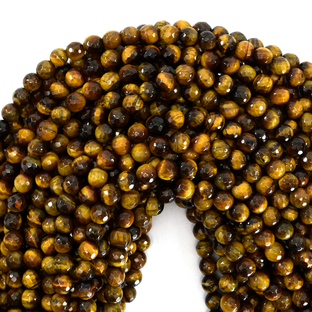 Natural Faceted Tiger Eye Round Beads Gemstone 14.5"Strand 4mm 6mm 8mm 10mm 12mm - Eagle Beadz