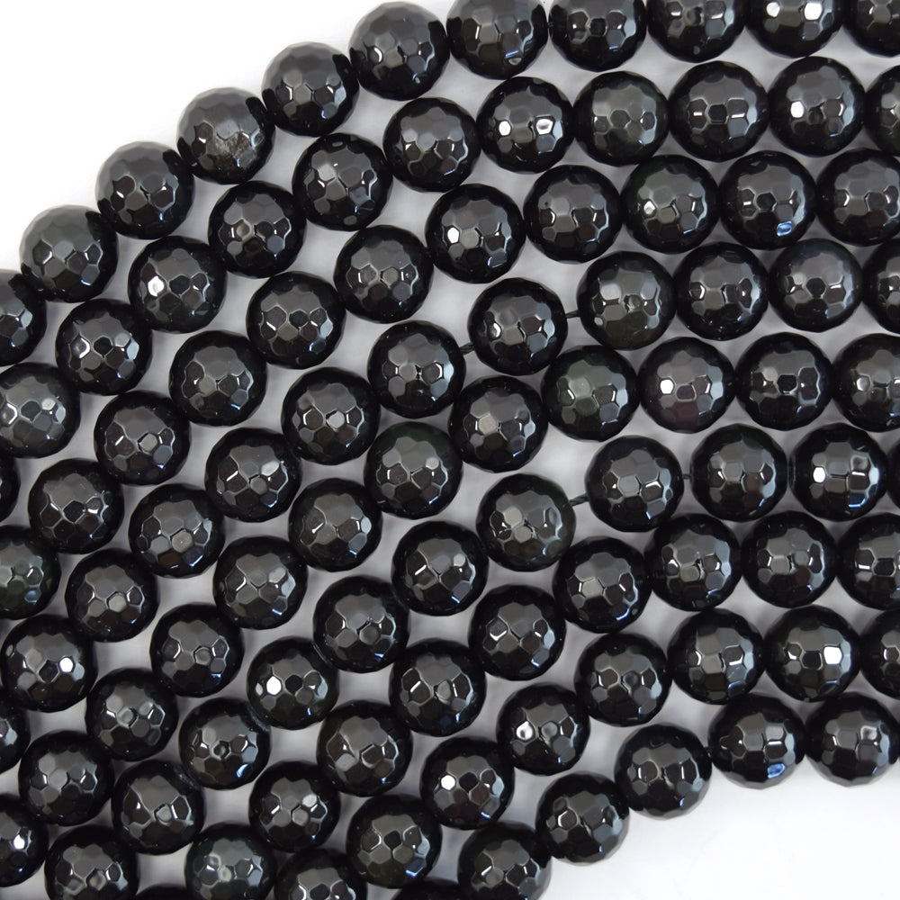 Natural Faceted Black Obsidian Round Beads 15" Strand 3mm 4mm 6mm 8mm 10mm 12mm - Eagle Beadz